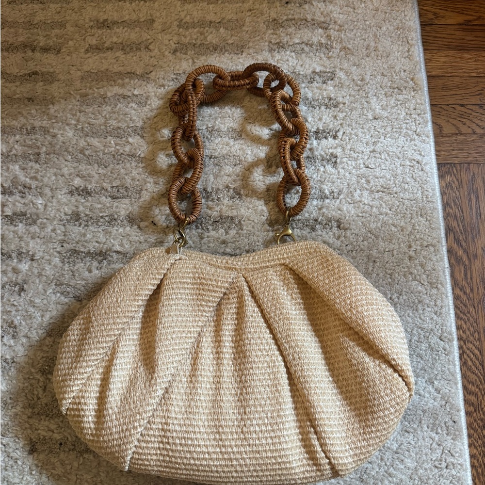 Woven Straw Shoulder Bag with Brown Chain Handle